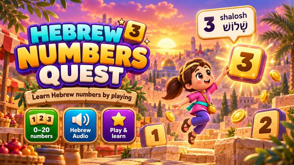 Hebrew Numbers Quest: a girl leaps toward a glowing number block 3, with the Hebrew word for three above it, over an old stone city at sunset